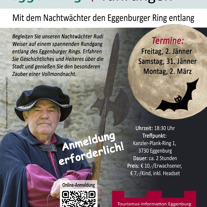 Begleiten Sie unseren Nachtwächter Rudi Weiser auf einem Rundgang entlang des Eggenburger Rings. Erfahren Sie Geschichten und genießen Sie den besonderen Zauber einer Vollmondnacht.