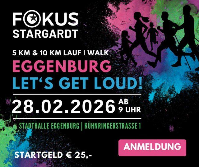 Plakat für Fokus Stargardt mit Silhouetten von Läufern, 5 km und 10 km Lauf/Walk in Eggenburg. Veranstaltungsdatum ist der 28. Februar 2026 um 9 Uhr. Ort ist Stadthalle Eggenburg, Kühnringerstrasse 1. Anmeldung verfügbar.