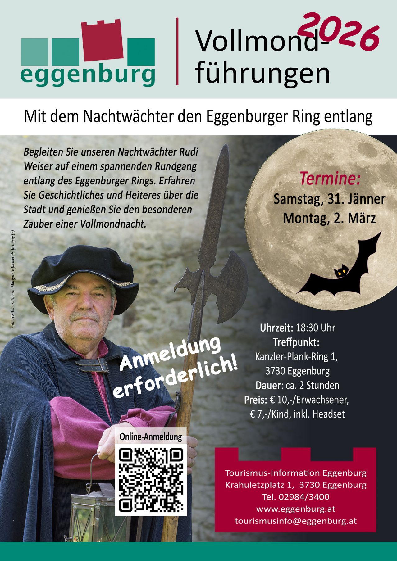 Ein Poster zeigt einen Mann in mittelalterlicher Kleidung mit einer Waffe, einem Vollmond und einer Fledermaus. Es bewirbt einen geführten Rundgang mit dem Nachtwächter, bei dem Geschichten geteilt und eine Vollmondnacht genossen werden.