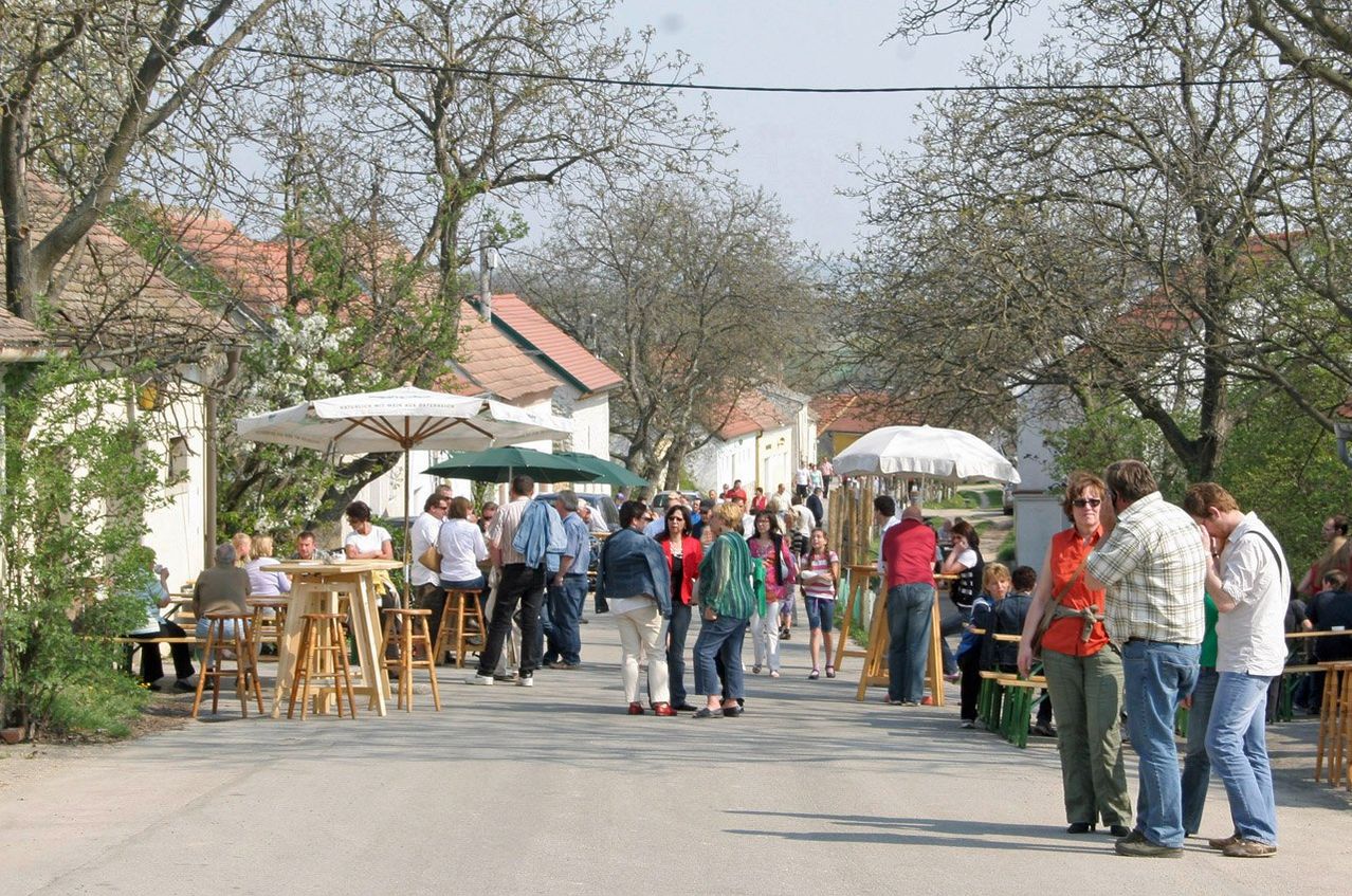Eine Gruppe von Menschen ist draußen, einige sitzen an Tischen unter Schirmen und andere gehen auf einer Straße entlang, gesäumt von Bäumen und Häusern.