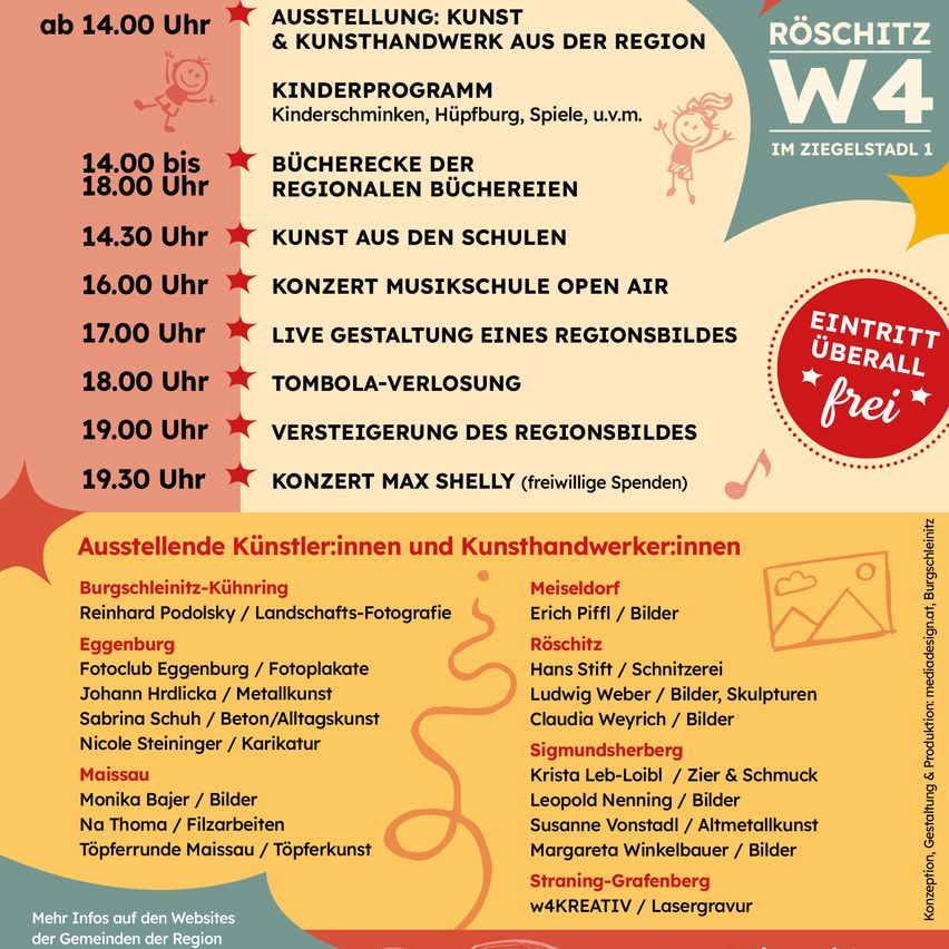 Die Veranstaltung bietet eine Ausstellung von Kunst und Handwerk aus der Region, ein Kinderprogramm, eine Buchspende, Schulkunst, ein Open-Air-Konzert der Musikschule, ein regionales Porträt, eine Tombola und eine Präsentation des regionalen Porträts.