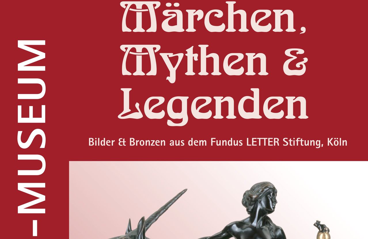 A poster displaying 'Marchen, Mythen & Legenden' with an image of a statue. The poster has a red background.