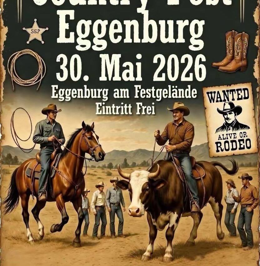Cowboys reiten Pferde und Bullen bei einer Western-Veranstaltung in Eggenburg am 30. Mai 2026. Freier Eintritt.