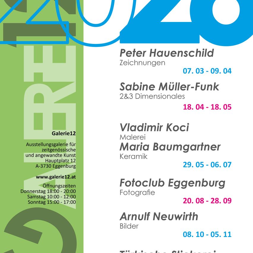 Galerie12 Ausstellungsgalerie für zeitgenössische und angewandte Kunst, Hauptplatz 12 A-3730 Eggenburg. Öffnungszeiten: Do 18:00-20:00, Fr 10:00-12:00, Sa 15:00-17:00. Peter Havenschild Zeichnungen 07.03-09.04, Sabine Müller-Funk 2D & 3D 18.04-18.05, Vladimir Koci 29.05-06.07, Fotoclub Eggenburg 20.08-28.09, Arnulf Neuwirth 08.10-05.11.