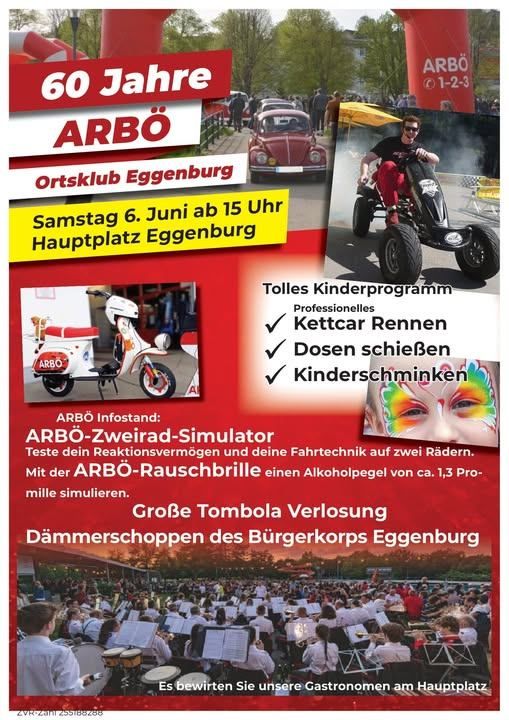 Poster for 60 years of ARBÖ, with event details, activities, and a call to action. Event takes place on June 6th.