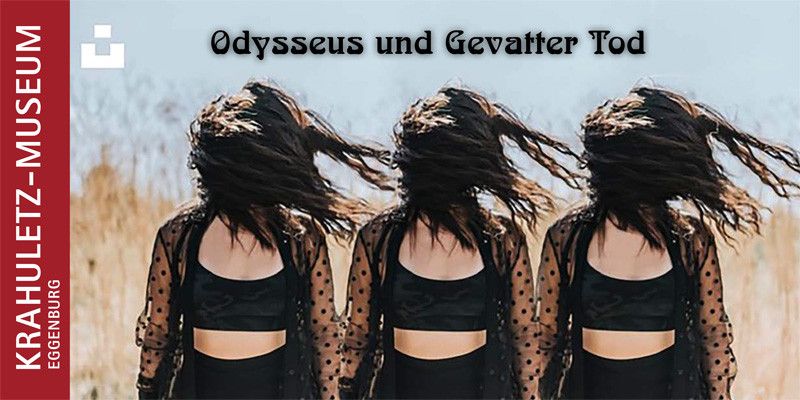Three women in black outfits with polka dots stand in a field. The text above reads 'Odysseus und Gevatter Tod'.
