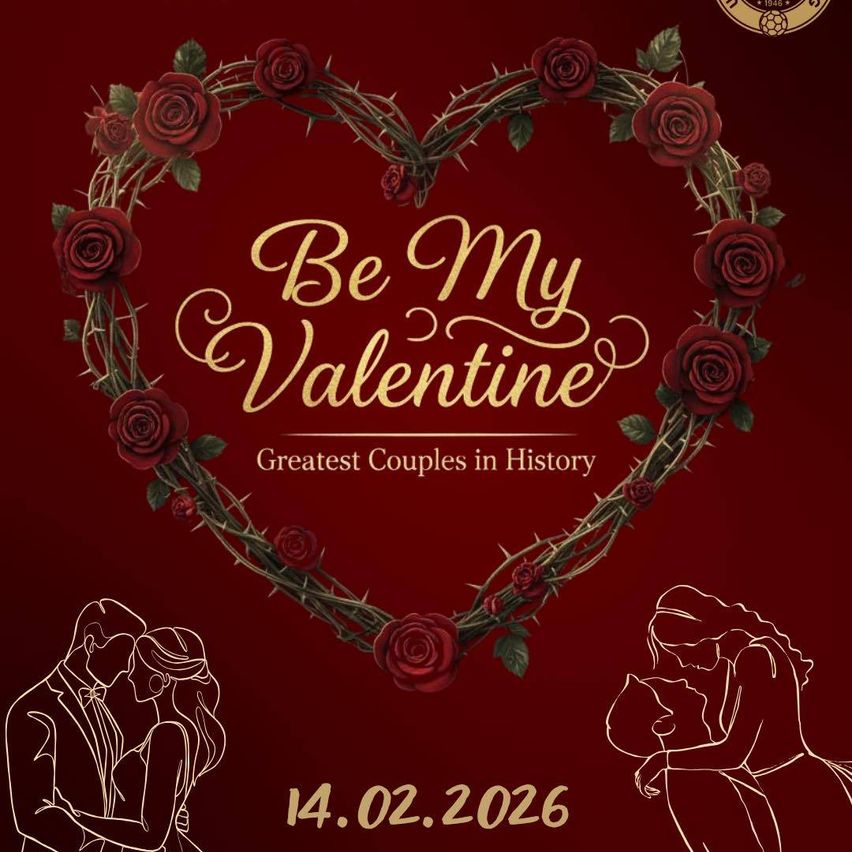 Red roses form a heart shape on a red background. The text 'Be My Valentine' is in gold font. Below it reads 'Greatest Couples in History'. Two silhouettes of a couple kissing are on the bottom. Date: 14.02.2026.