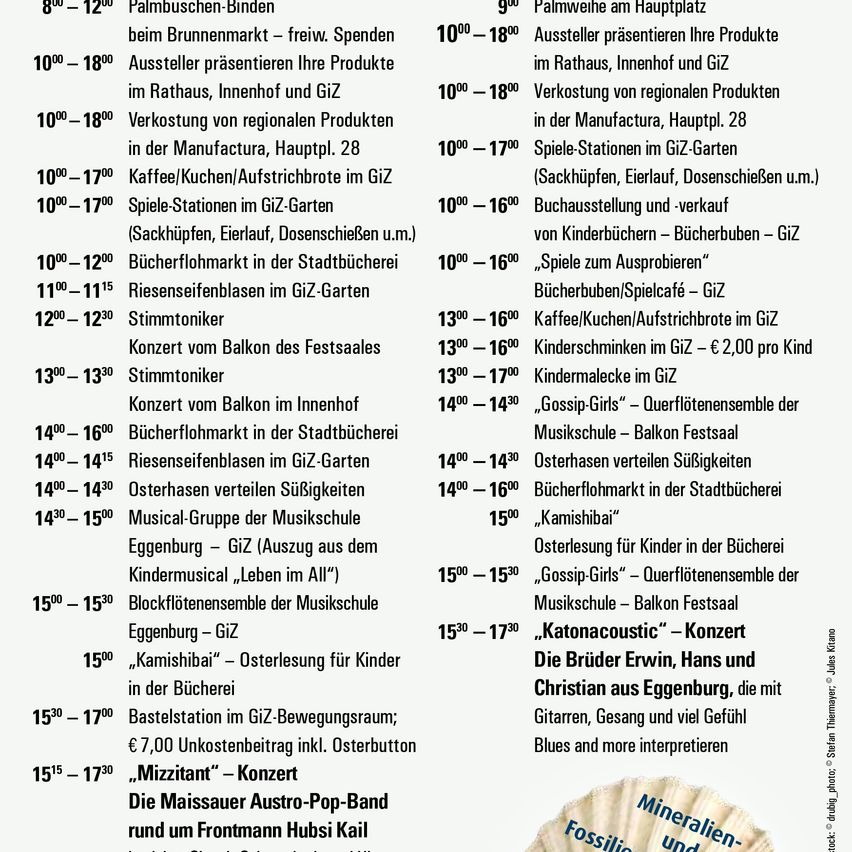 Das Bild zeigt einen Zeitplan mit Veranstaltungen, Zeiten und Beschreibungen. Aktivitäten umfassen Workshops, Konzerte und Lesungen für Kinder. Die Veranstaltungen finden an verschiedenen Orten wie Giz-Garden, Rathaus und Hauptplatz statt.