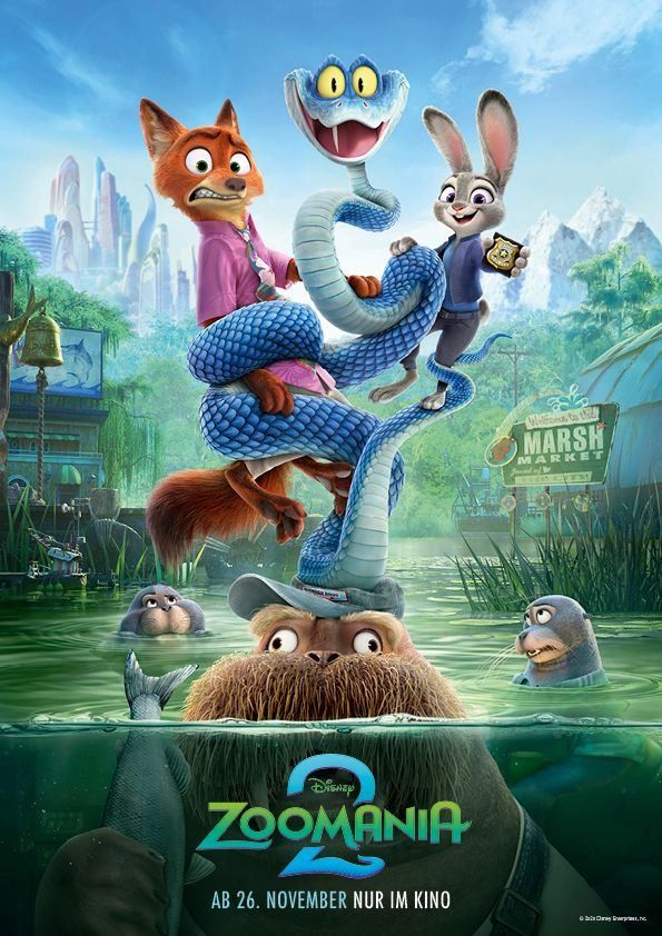 Poster für den Film Zoomania 2 mit animierten Charakteren in einer lebendigen Umgebung, wobei eine große Schlange und ein Fuchs darauf sitzen.