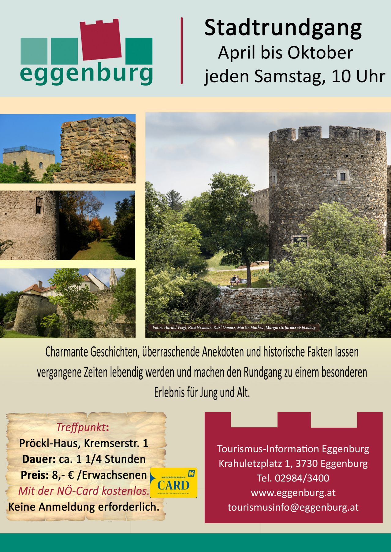Ein Poster mit verschiedenen Bildern einer Burg und ihrer Umgebung, mit Text auf Deutsch über ein besonderes Erlebnis für Jung und Alt.