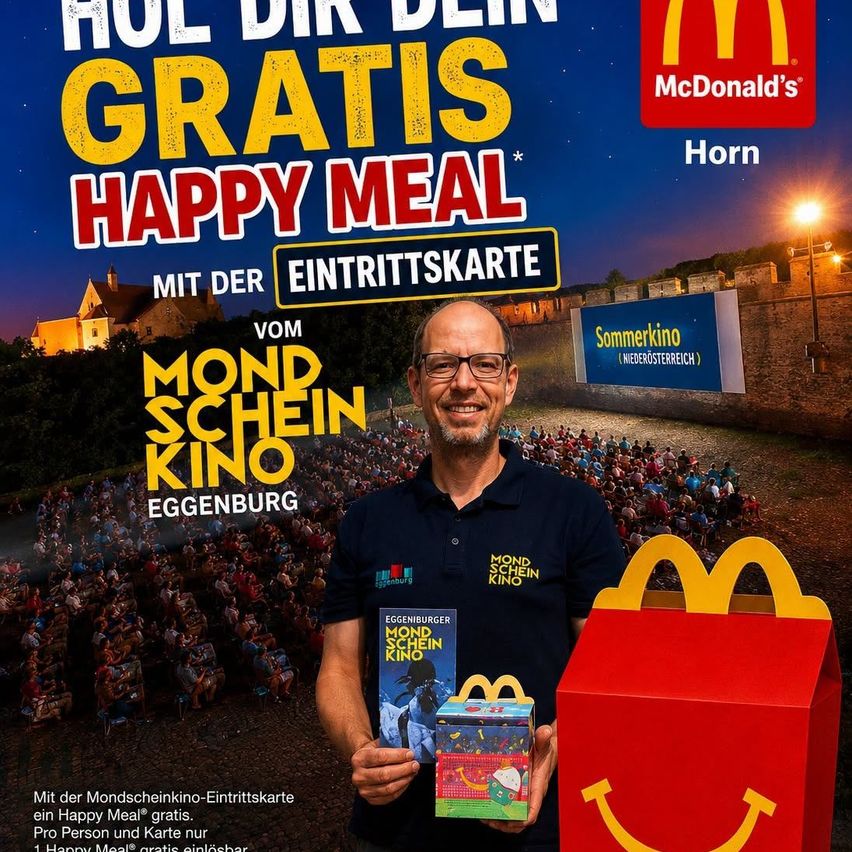 Ein Mann hält eine Box und eine Happy Meal-Box vor einer Menschenmenge bei einer Open-Air-Kinoveranstaltung. Das Plakat hinter ihm bewirbt ein kostenloses Happy Meal mit einer Eintrittskarte.