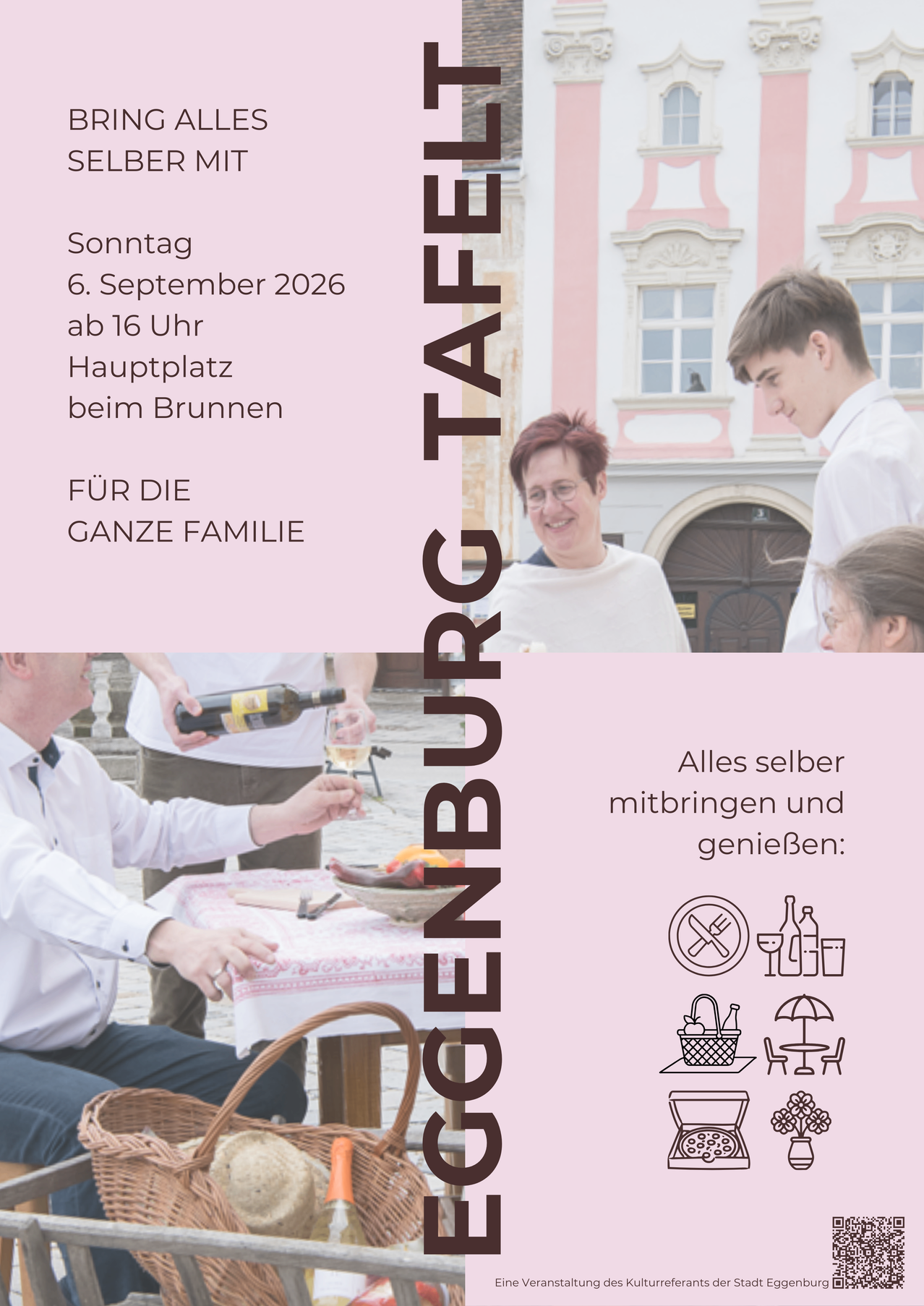 An event poster for a family gathering on September 6, 2026, at 4 PM. It features a family of three, one opening a wine bottle, and another holding a basket. The background shows a building with a fountain.