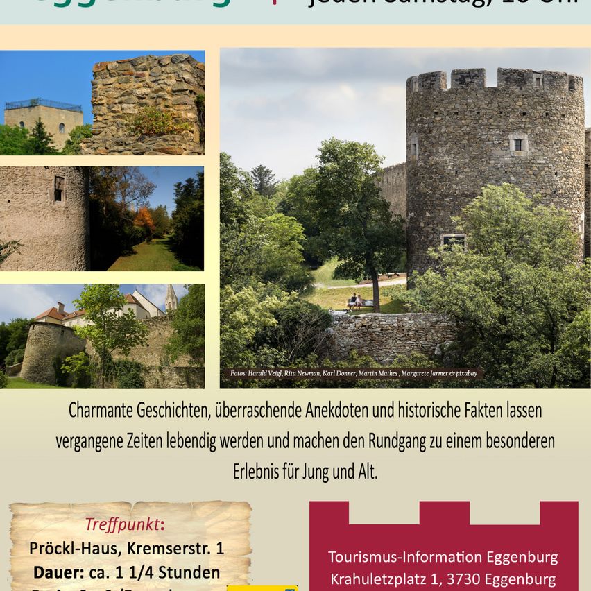 Poster with images of a castle, featuring various angles and details, along with a description of a guided tour, including meeting point and duration.