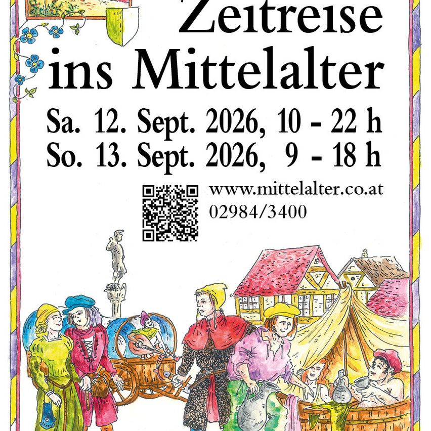 Medieval time travel event poster with colorful illustrations, event dates, and contact information.