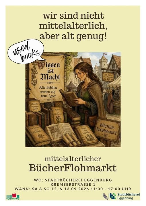 Poster for a medieval-themed book flea market featuring a woman reading a book. The poster includes the slogan 'We are not medieval, but old enough!' and details about the event's date and location.