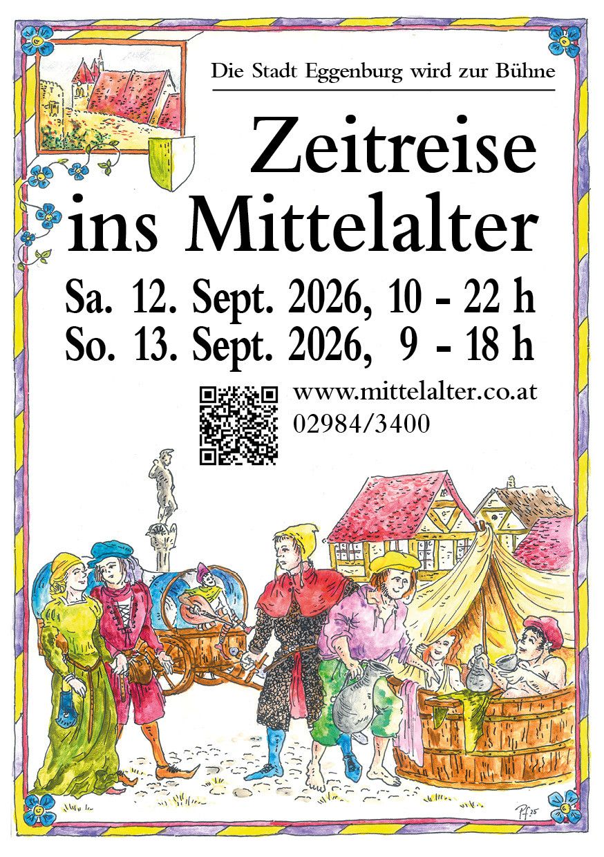 Medieval time travel event poster with colorful characters, a cart, and a tent. Dates and times for the event are listed.