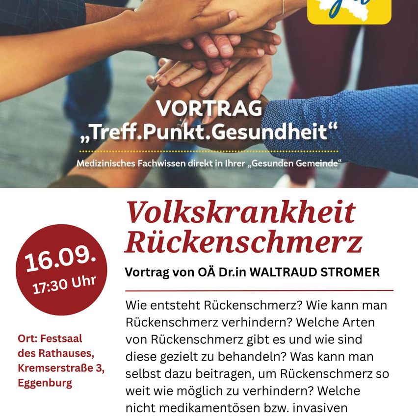 Poster for a health talk on back pain, featuring people holding hands, with a date and time of September 16th at 5:30 PM.