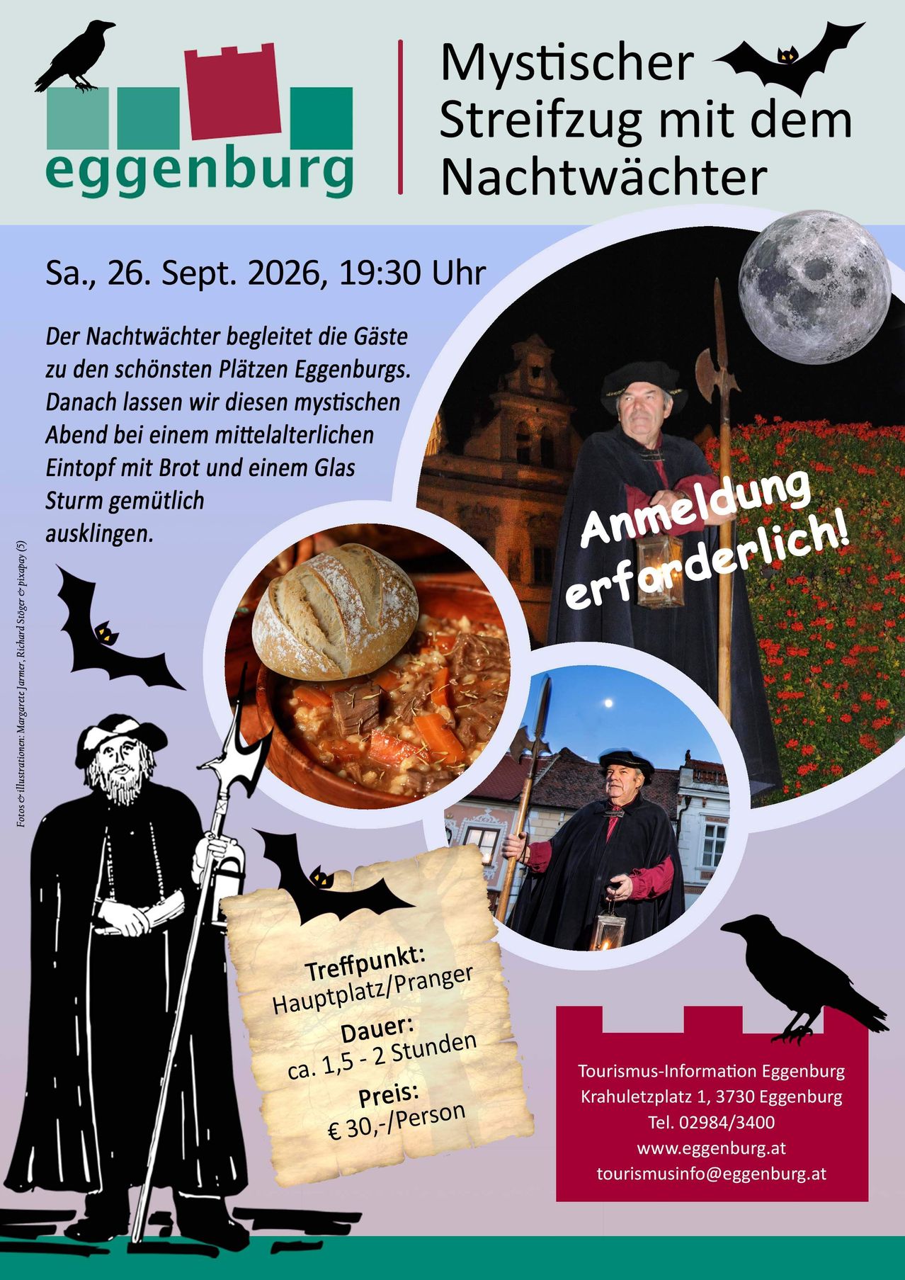 Poster for a medieval-themed night watch event in Eggenburg, featuring a full moon, a man with a lantern, and a man holding a spear. The event includes a meal and a mystical evening.