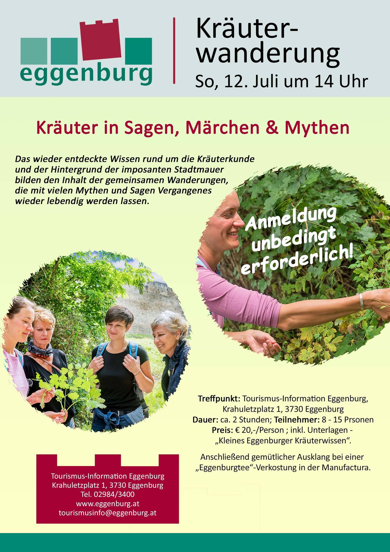 Werbeposter für einen Kräuterspaziergang in Eggenburg. Es zeigt eine Gruppe von Frauen in der Natur. Der Spaziergang ist thematisch auf Kräuter in Sagen, Märchen und Mythen ausgerichtet. Eine Anmeldung ist erforderlich.