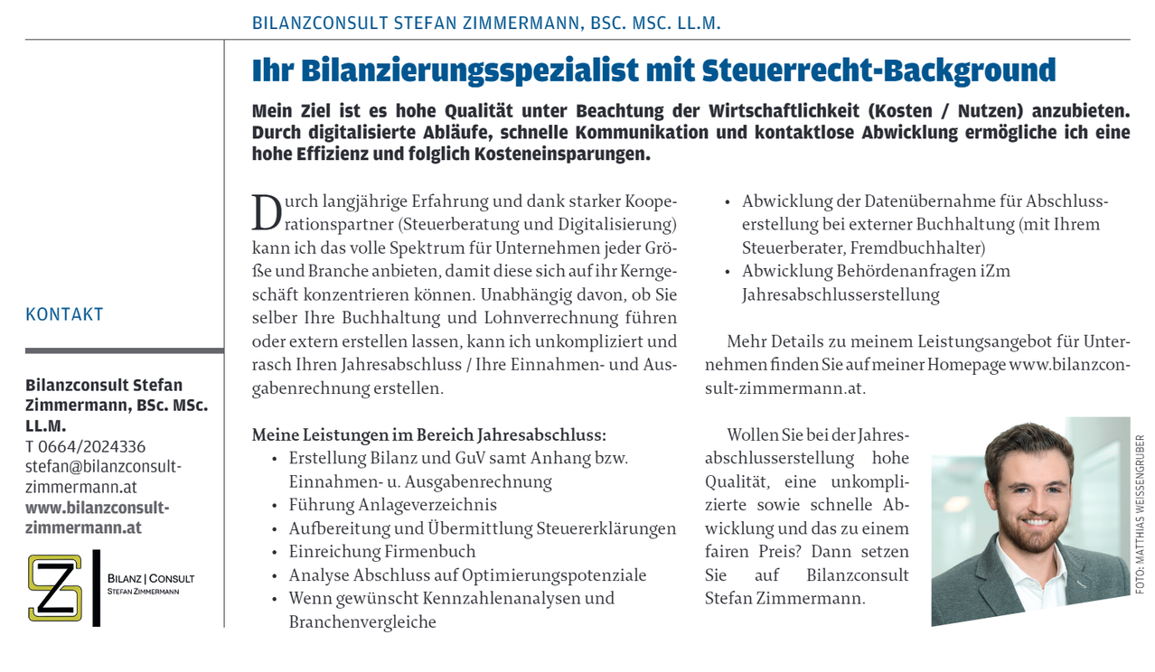 Stefan Zimmermann, BSC, MSc, LL.M. ist spezialisiert auf Jahresabschluss. Er zielt auf hohe Qualität bei gleichzeitiger Wirtschaftlichkeit. Durch digitalisierte Abläufe, schnelle Kommunikation und kontaktlose Abwicklung gewährleistet er Effizienz und Kosteneinsparungen. Er bietet ein vollständiges Spektrum für Unternehmen aller Größen und Branchen an. Weitere Details finden Sie auf sult-zimmermann.at.