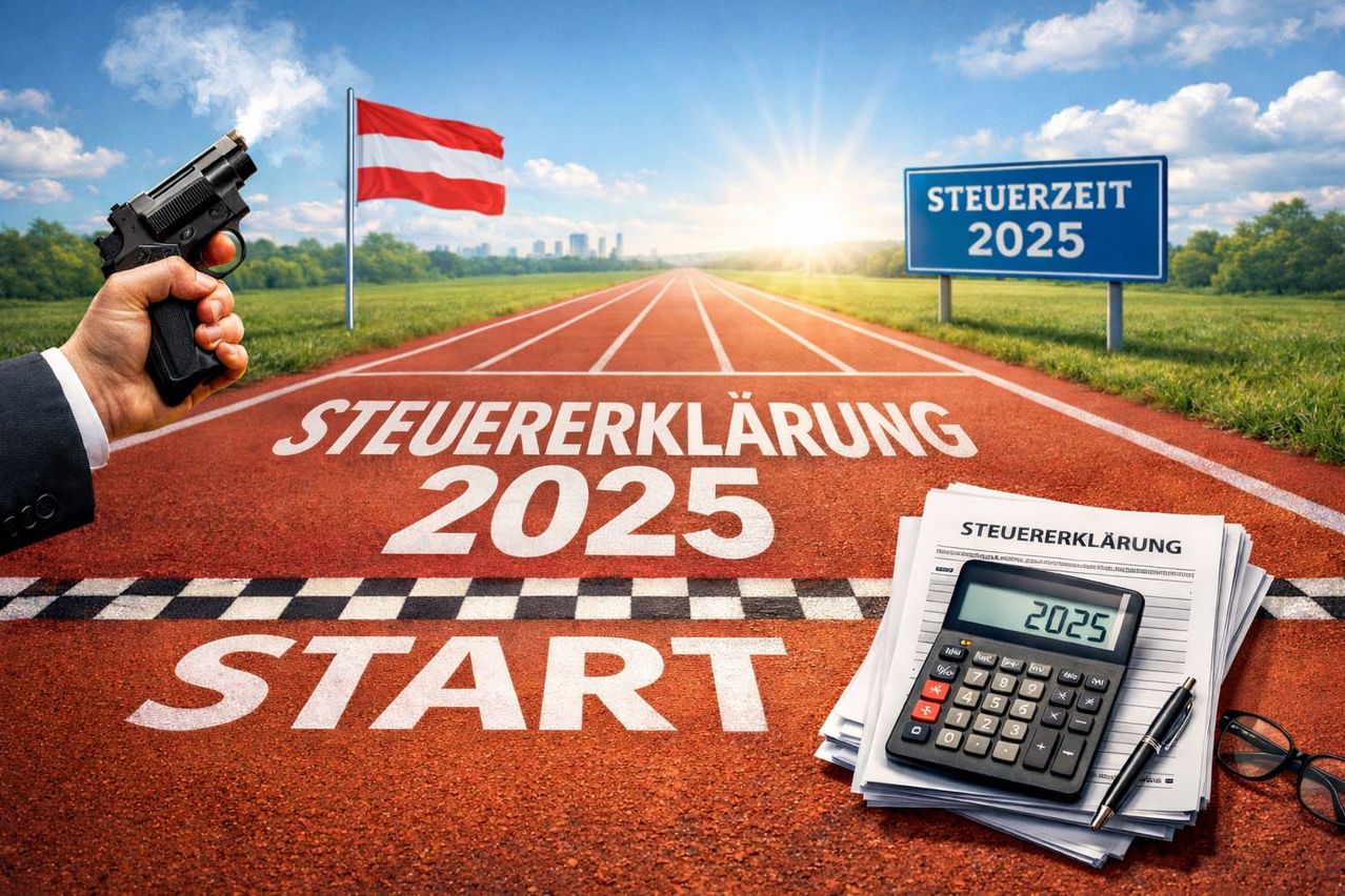 Ein Bild mit einer Laufbahn, österreichischer Flagge und einem Schild mit Steuerzeit 2025. Ein Taschenrechner, Papiere und ein Stift liegen auf der Bahn. Die Worte Steuererklärung 2025 und START sind auf der Bahn geschrieben.