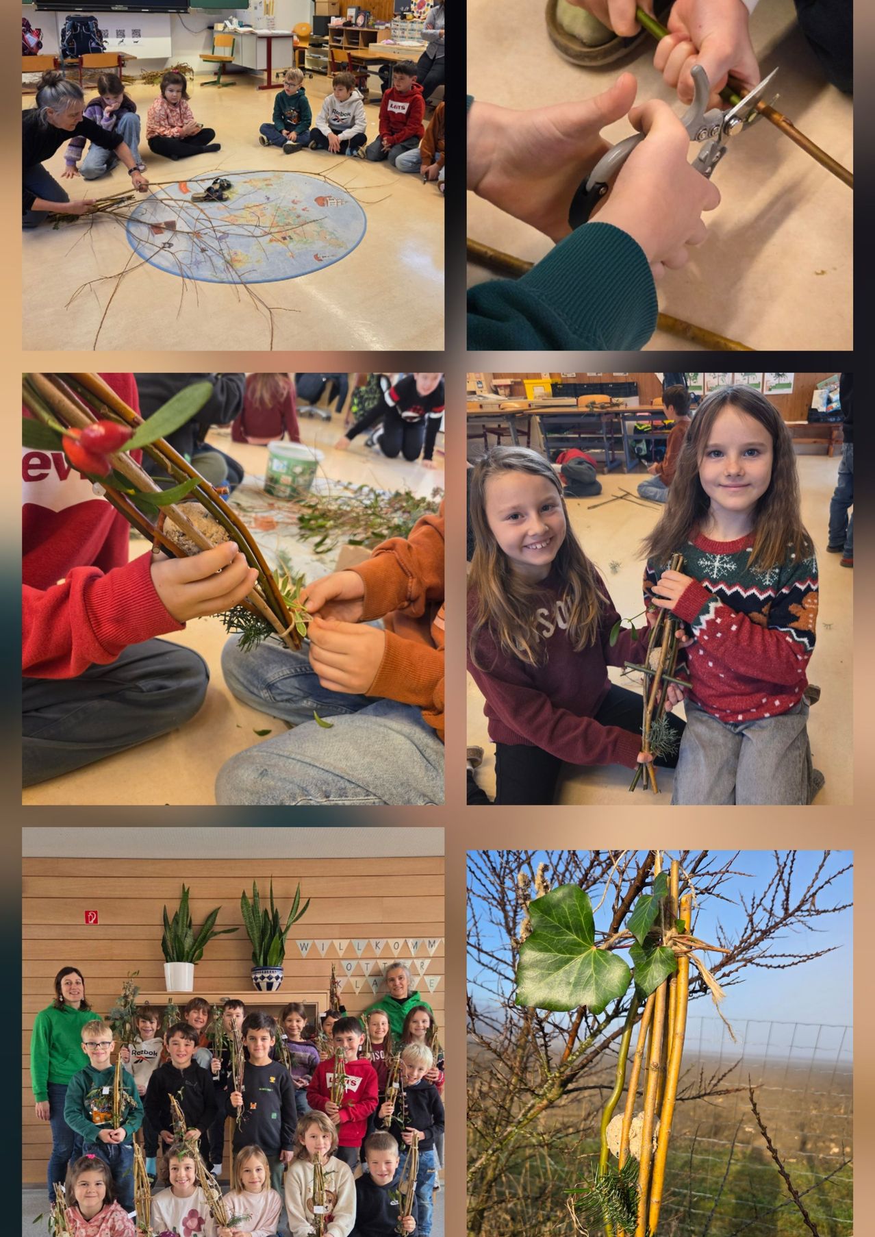 Eine Collage von Kindern, die an Bastelarbeiten arbeiten. Eines hält einen Zweig, ein anderes lächelt mit einem fertigen Handwerk. Zwei Mädchen posieren mit ihren Werken. Ein Klassenzimmer mit Pflanzen und Schreibtischen.