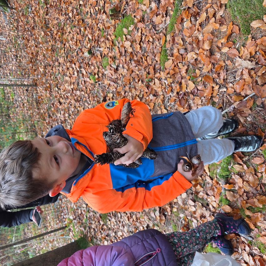 Ein junger Junge in einem orangefarbenen und grauen Mantel steht in einem Wald und hält eine Tannenzapfen in der Hand. Er ist umgeben von gefallenen Blättern und einer Person hinter ihm.
