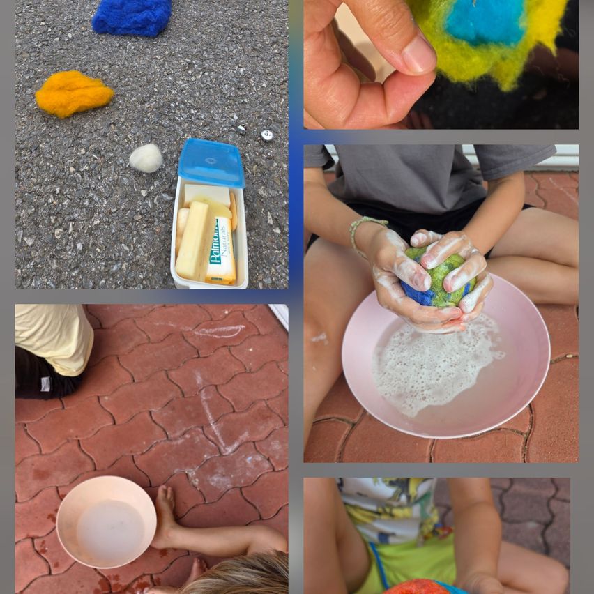 Eine Collage von Bildern, die Kinder bei einer Bastelaktivität zeigt. Ein Bild zeigt ein Kind, das einen bunten Ball hält, ein anderes zeigt eine Schüssel mit Seifenwasser und ein weiteres zeigt ein Kind, das mit einer Schüssel auf dem Boden sitzt.