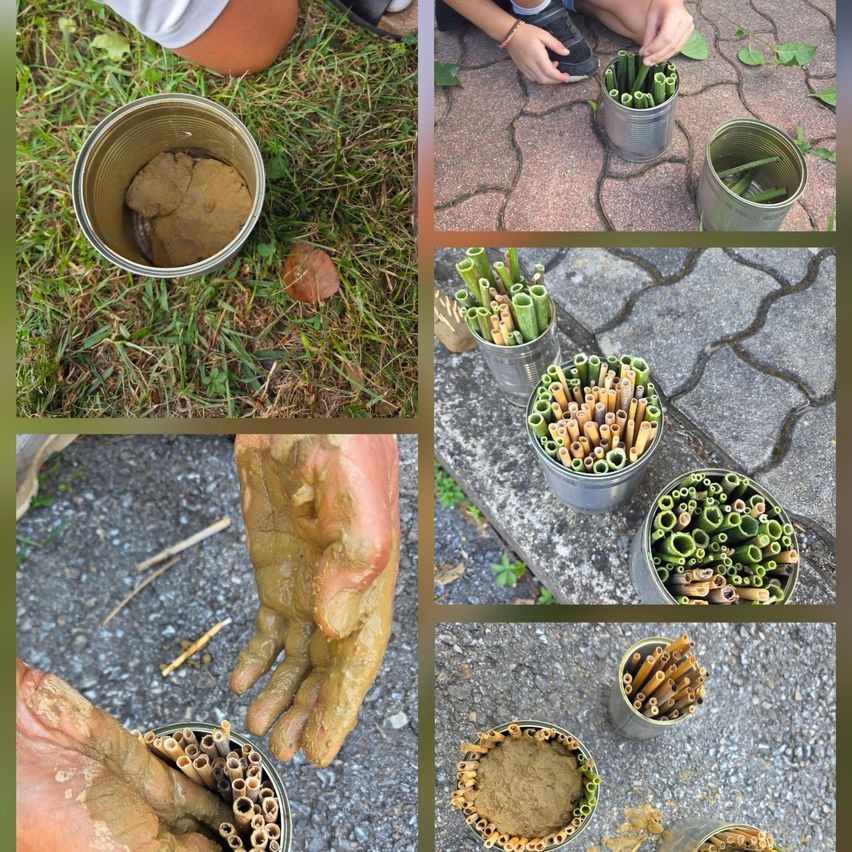 Eine Collage von Bildern, die verschiedene Phasen eines Projekts mit Schlamm und Bambusstäben zeigen. Das erste Bild zeigt eine mit Schlamm bedeckte Hand. Das zweite Bild zeigt einen mit Schlamm gefüllten Blechbehälter. Das dritte Bild zeigt einen mit Bambusstäben gefüllten Blechbehälter. Das vierte Bild zeigt eine Hand, die einen mit Bambusstäben gefüllten Blechbehälter hält. Das fünfte Bild zeigt einen Blechbehälter, der mit Schlamm und Bambusstäben gefüllt ist.