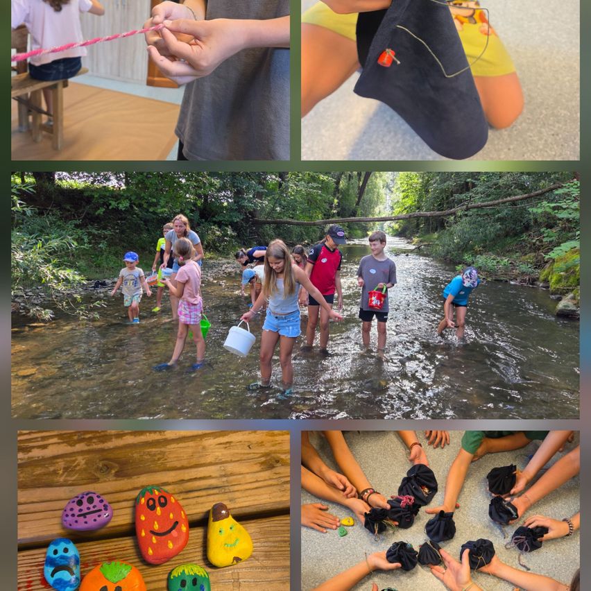Eine Collage von Kindern, die verschiedene Aktivitäten ausführen: Ein Kind hält eine Schnur, ein anderes ein Eimer, und eine Gruppe von Kindern steht in einem Fluss.