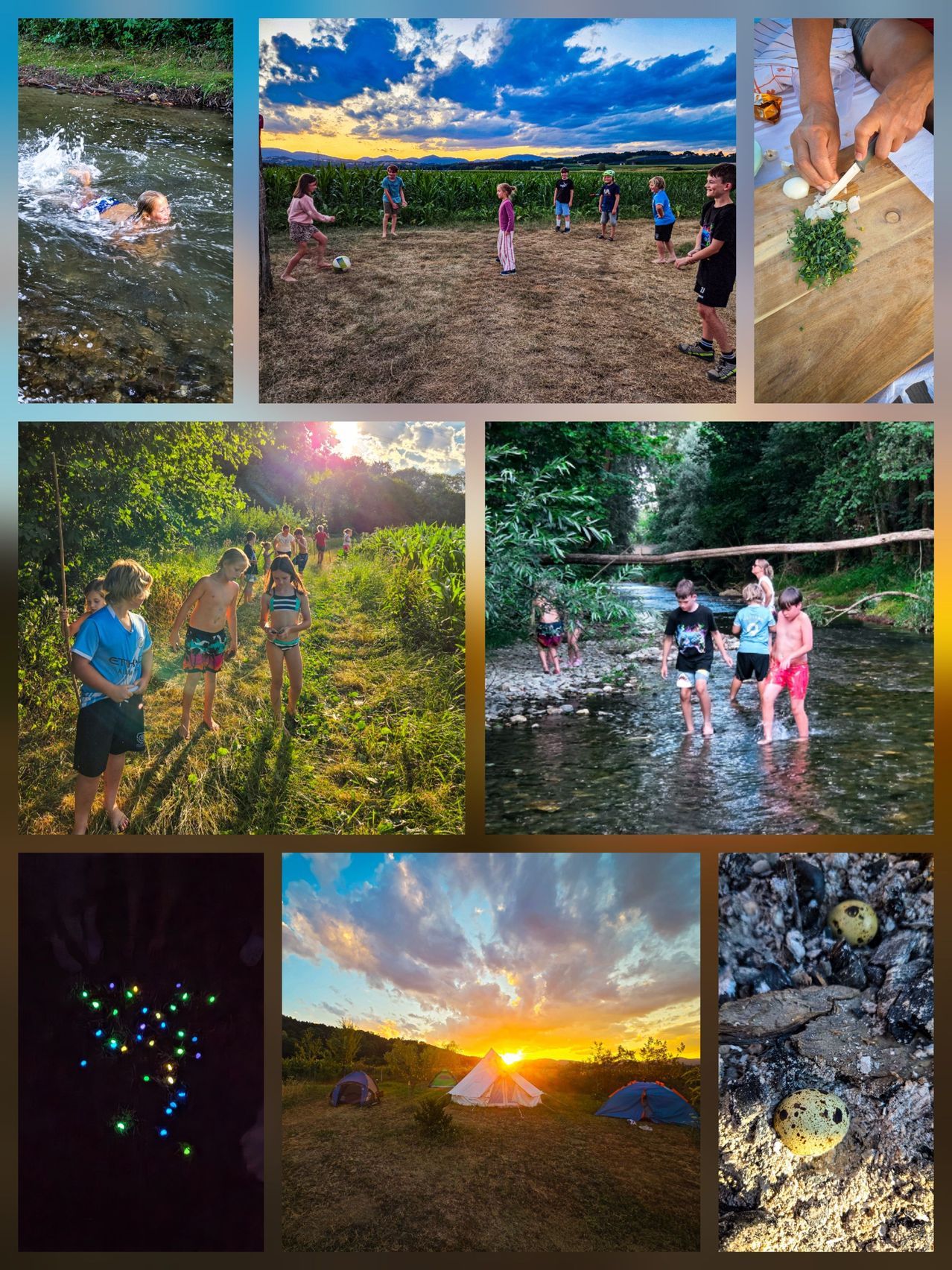 A collage of children's activities: swimming, playing soccer, walking in a river, and a sunset with a tent.