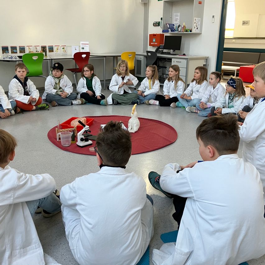 Ein Klassenzimmer voller Schüler in Laborkittel, einige auf dem Boden sitzend, andere stehend um einen roten Kreis mit einem Mikroskop und anderen Objekten.