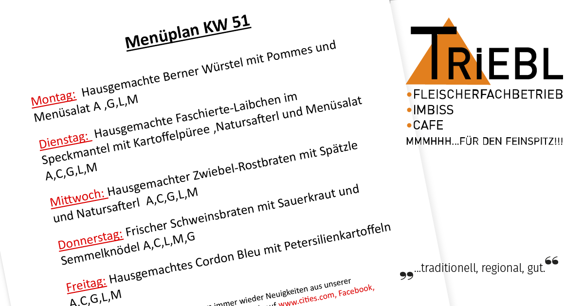 Menüplan KW 51. Hausgemachte Berner Würstel mit Kartoffelpüree und hausgemachten Würsten. Hausgemachte gegrillte Würste mit Sauerkraut und Radieschen. Frische Schweinekoteletts mit Petersilie. Hausgemachtes Cordon Bleu mit grünen Bohnen. Traditionelles hausgemachtes Essen. Folgen Sie uns auf Facebook und www.cities.com.