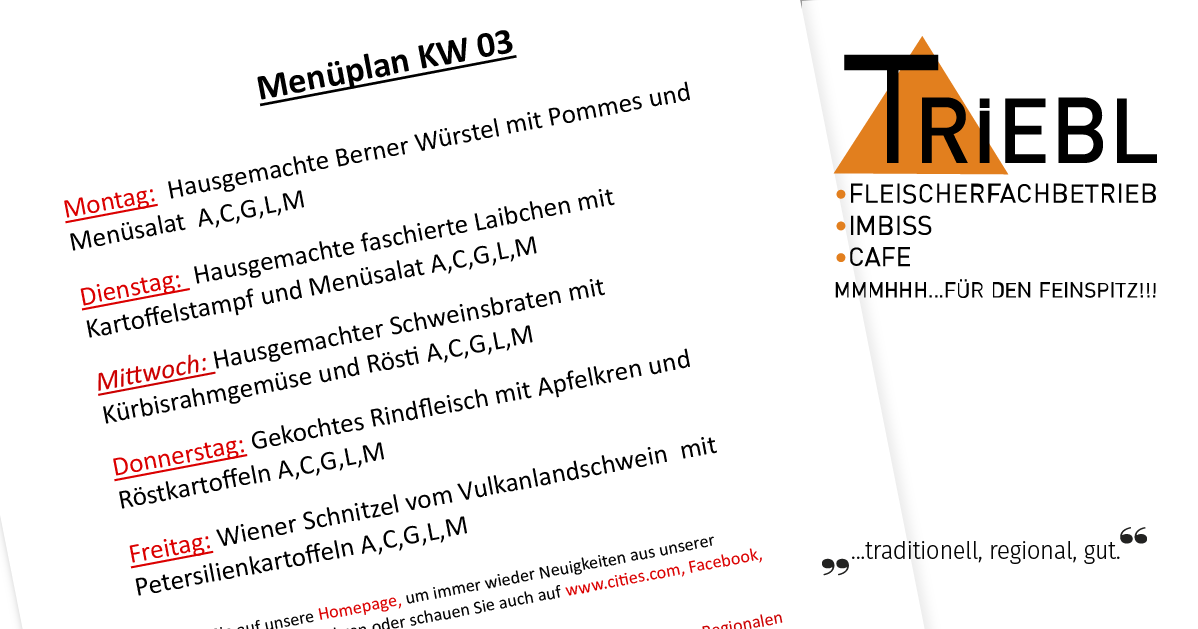 Wöchentlicher Menüplan KW 03 mit verschiedenen Gerichten wie Berner Würsten, hausgemachtem Speck, Rindfleischsalat und Schweinekoteletts. Rezepte für gebratenes Schweinefleisch, Wiener Schnitzel und Apfelstrudel sind ebenfalls enthalten. Folgen Sie uns auf www.cities.com und Facebook für mehr.