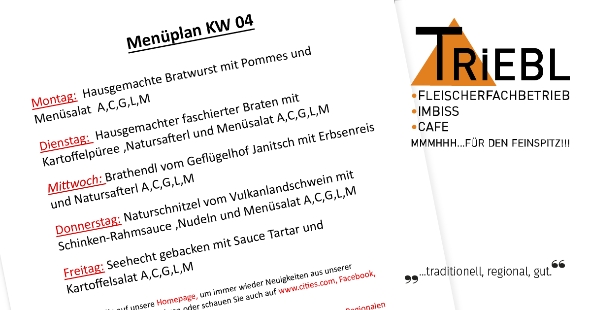 Weekly menu plan KW 04 with various menu items including bratwurst, sausages, and other dishes. Follow the link to www.cities.com for more information.