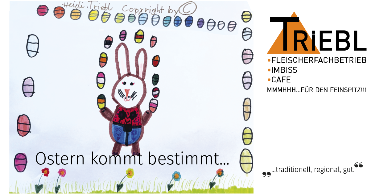 Illustration eines Hasen, der bunte Eier hält, mit Textüberlagerung 'Tradition kommt bestimmt...'. Rechts ein dreieckiges Logo mit Text 'Fleisch, Imbiss, Cafe'. Unten 'mmmhhh...' und ein Zitat '...Tradition...'.