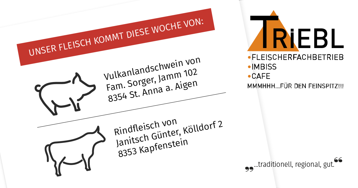 Das Bild zeigt eine weisse Seite mit einem roten Kopfzeile 'Leischt kommt diese Woche von'. Unten gibt es zwei Abschnitte mit Zeichnungen von einem Schwein und einer Kuh. Unter den Zeichnungen sind Namen und Adressen. Auf der rechten Seite befindet sich ein Dreieck mit dem Text 'T Fleisch'. Darunter sind Symbole mit Texten 'Fleischer', 'Imbiss', 'Cafe' und 'Mmhhhh...für'.