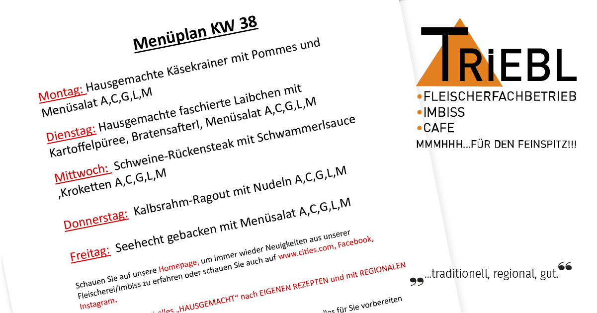 Menüplan für KW 38 mit hausgemachten Käsekrainern, Würstchen und Schweinefilet. Zutaten A, C, G, L, M. Links zu weiteren Rezepten auf der Website.