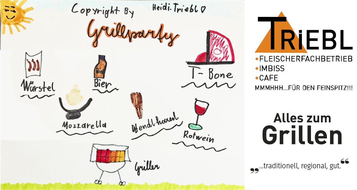 An illustrated poster features a grill, wine glass, beer bottle, and other items. The poster is labeled 'Grillparty' with a copyright symbol. On the right side, there is a logo with the word 'T'. Below the logo, there are words like 'Fleisch', 'Imbiss', 'Cafe', and 'Mmmhhh'. The poster appears to be promoting a grill party.
