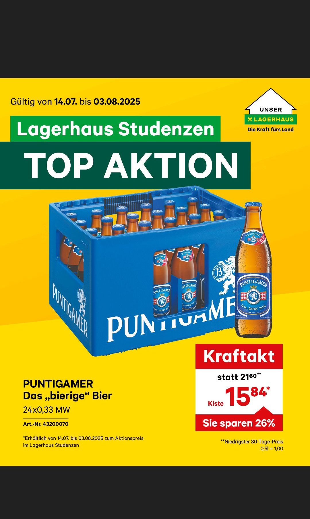 Ein Werbeposter für Lagerhaus Studenten Bier. Es zeigt einen blauen Kasten mit 24 Flaschen Puntigam Bier. Der Preis ist mit 15,84 Euro anstelle von 21,60 Euro gekennzeichnet.