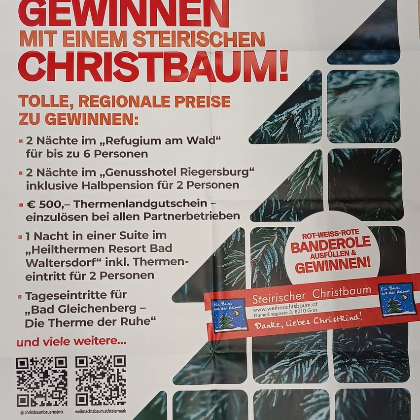 Werbeplakat für eine Gewinnchance durch Teilnahme an einer Verlosung für einen steirischen Weihnachtsbaum. Preise beinhalten Übernachtungen in einem Hotel, einen Wellnessgutschein und einen Aufenthalt in einem Wellnessresort. QR-Codes für weitere Informationen sind vorhanden.