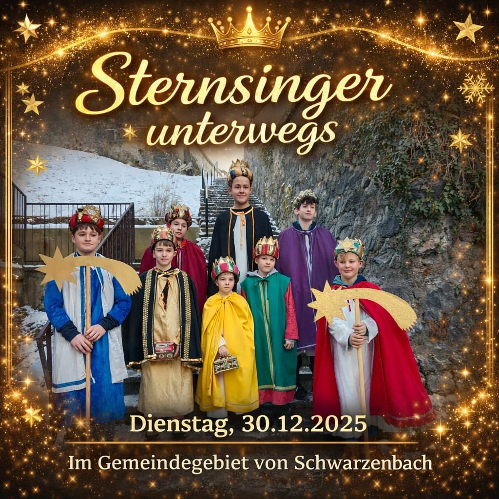 Plakat für Sternsinger unterwegs Veranstaltung am 30. Dezember 2025. Es zeigt Kinder als Sternsinger vor einem verschneiten Hintergrund.