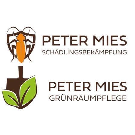 Das Logo von Peter Mies besteht aus zwei Symbolen: einem Käfer und einer Schaufel mit einem Blatt. Über den Symbolen steht der Name 'Peter Mies' in Fettdruck. Unter den Symbolen befinden sich zwei deutsche Phrasen: 'SCHAEDLINGSBEKAEMPFUNG' und 'GRUENRAUMFLEGE.'