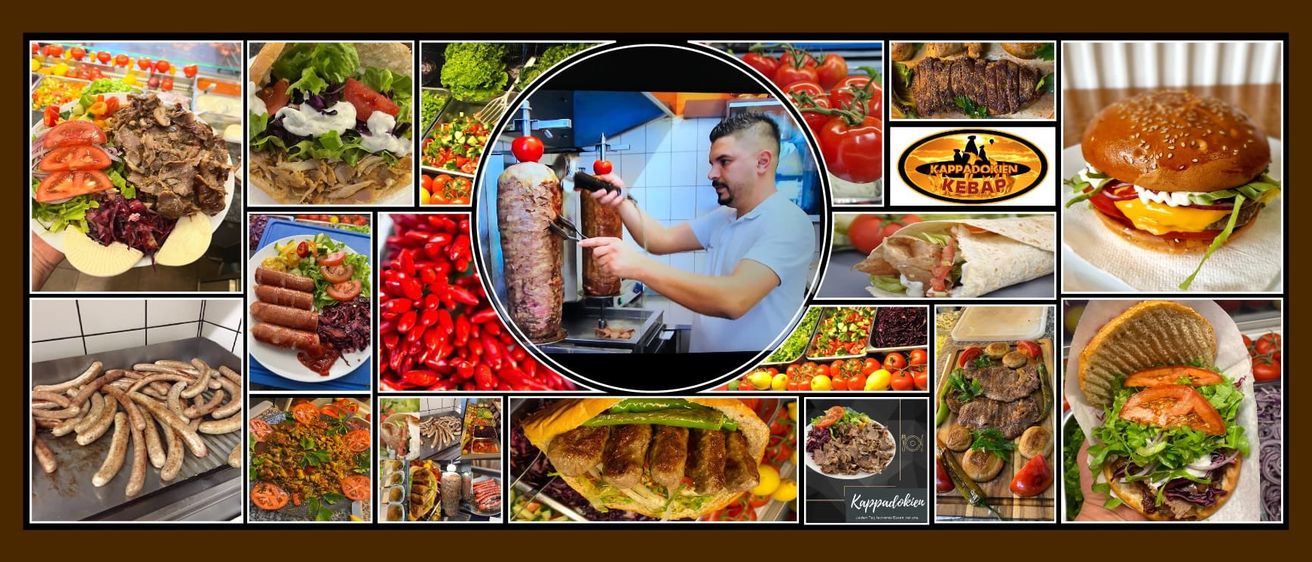 Eine Collage verschiedener Speisen, darunter ein Kebab, Salat und Fleisch. Ein Mann ist dabei zu sehen, wie er einen Kebab auf einem Grill zubereitet.