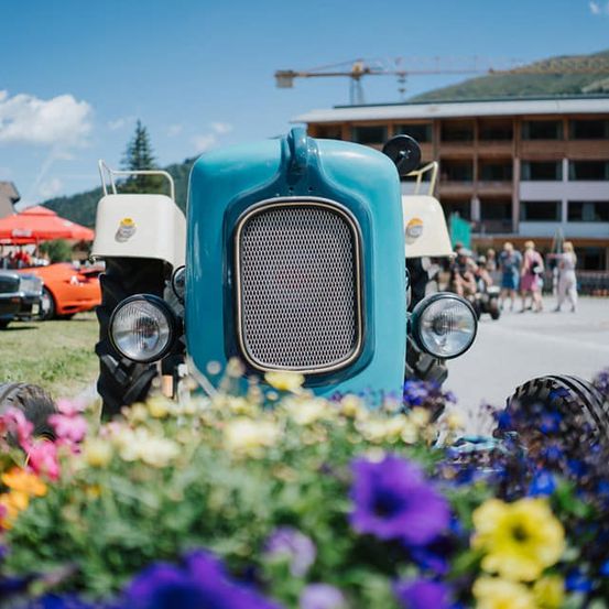 Ein blauer Vintage-Traktor ist auf einer Rasenfläche mit Blumen geparkt, mit einem Berg im Hintergrund.