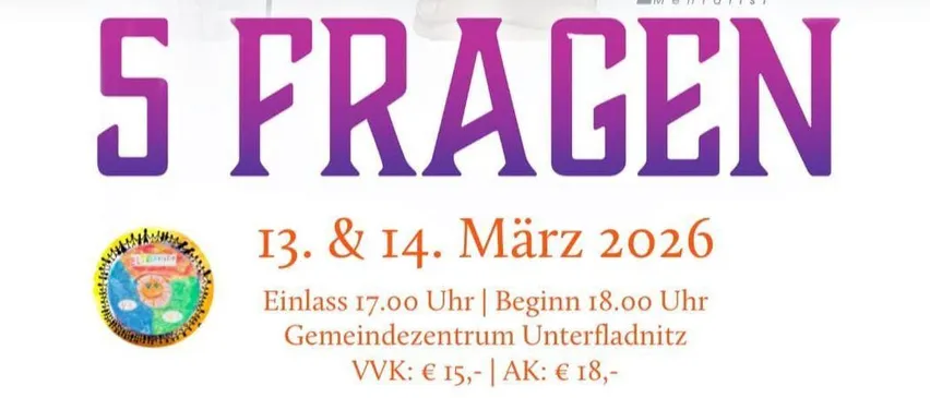 Werbeplakat für Alex Rays Veranstaltung '5 Fragen', mit einem Mann, der eine Pflanze hält, Termine 13. und 14. März 2026, Eintritt um 17 Uhr, Beginn um 18 Uhr, Gemeindezentrum Unterfladungitz, Ticketpreise 15 und 18 Euro.