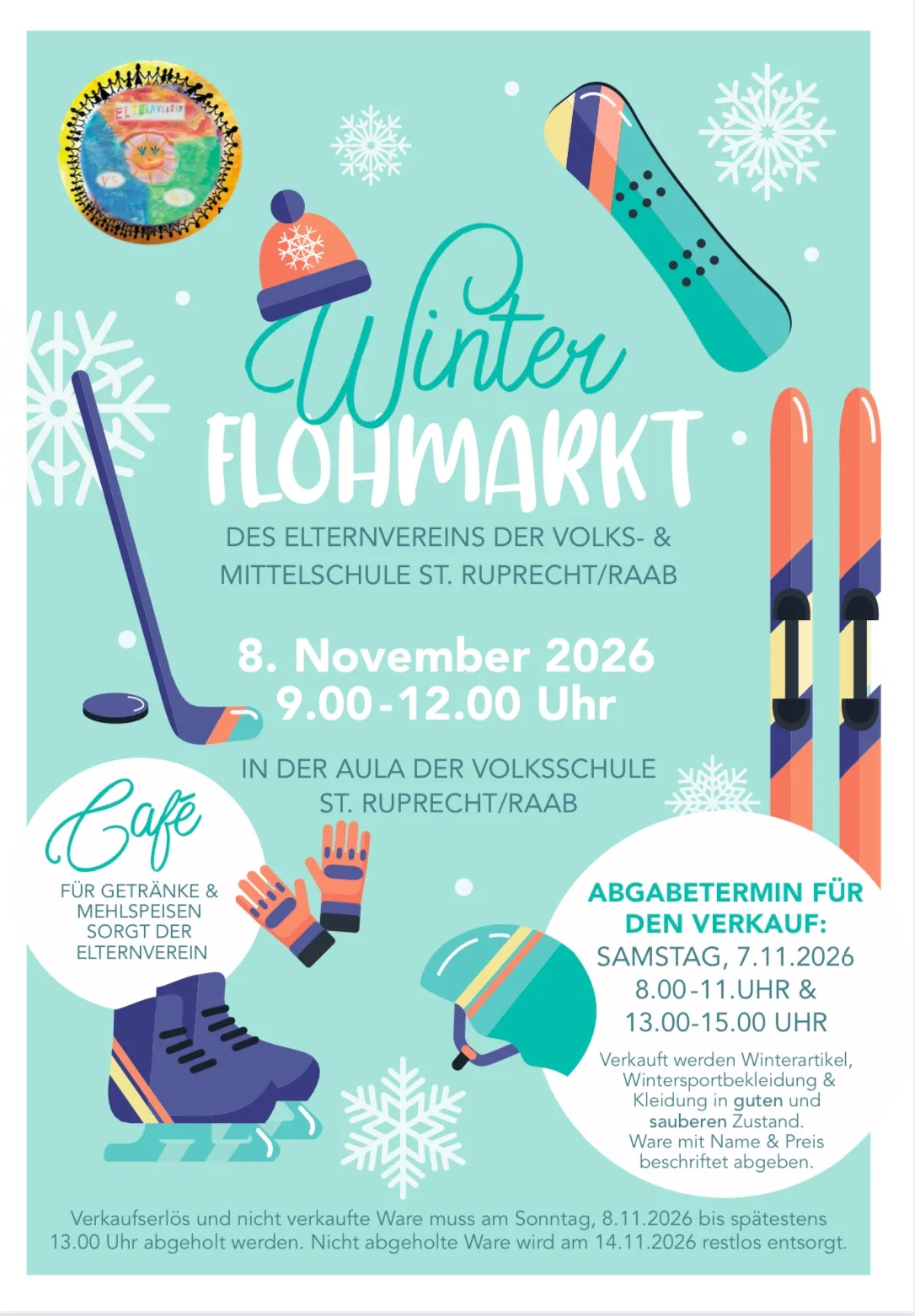 Plakat für die Winter Flohmarkt-Veranstaltung mit Wintersportausrüstung, einem Café und einer Frist für die Abholung von Gegenständen.