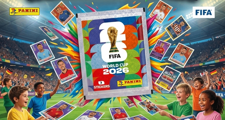 Ein Plakat von Kindern, die Panini-Sticker und -Karten vor einem Fußballfeld halten. Das Plakat bewirbt einen Sticker- und Kartenaustausch für die WM 2026.
