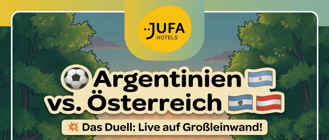 Ein Poster mit einem Fußballspiel zwischen Argentinien und Österreich. Zwei Essensplatten sind zu sehen, eine mit Empanadas und die andere mit einem Fleischgericht. Der Text lautet: 'Genuss in der Halbzeitpause: Du entscheidest!''