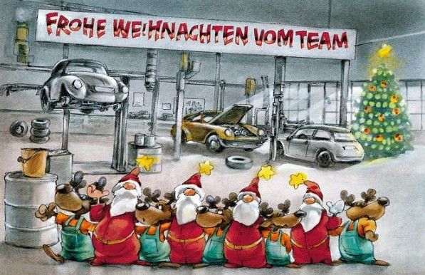 Eine Illustration von Santa Claus und seinen Rentieren in einer Autowerkstatt mit einem Weihnachtsbaum im Hintergrund.